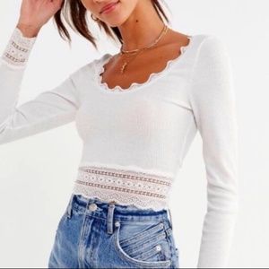 Urban Outfitters White Lace Trim Cropped Long Sleeve Top